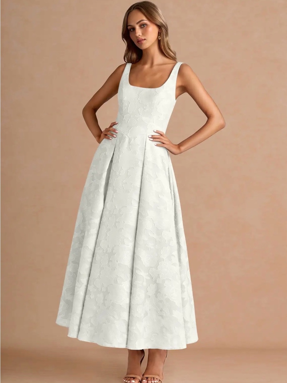 Azazie White Floral Jacquard Square-Neck Maxi Dress